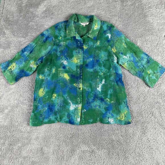 Tantrums Women's Long Sleeve Button Up Top XXL Mesh Cutout Blue Green Burnout - Picture 1 of 15